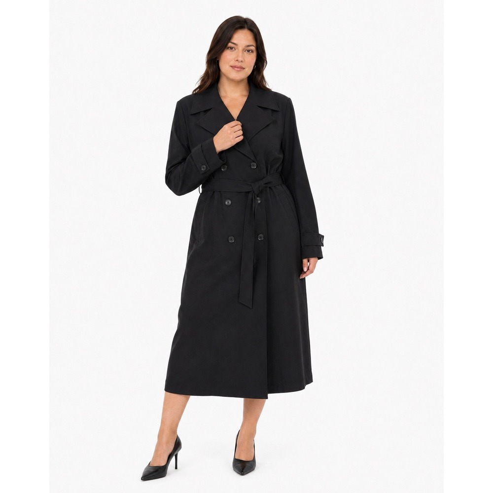 NWT Black Double Breasted Trench Coat Women L Belted Long Quiet Luxury Classic